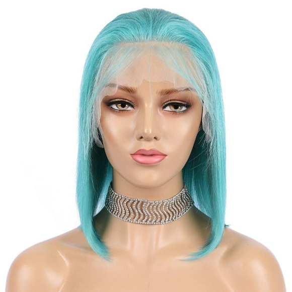 12” SHORT BLUE BOB HUMAN HAIR STRAIGHT LACE-FRONT